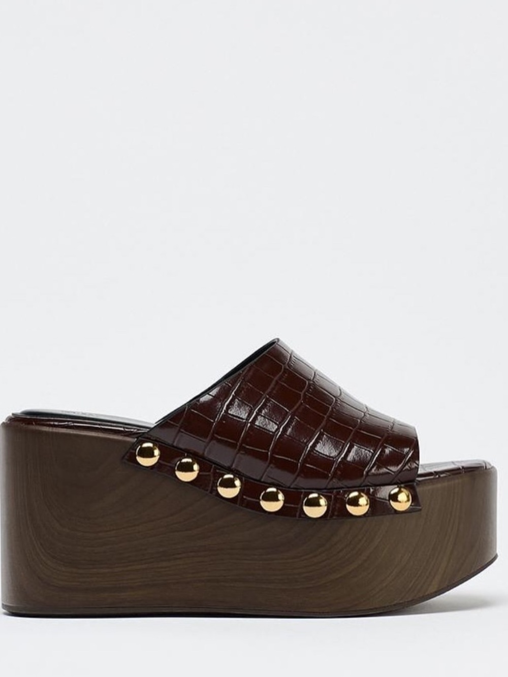 Zara Embossed Platform Wedges Crocodile Brown with studs